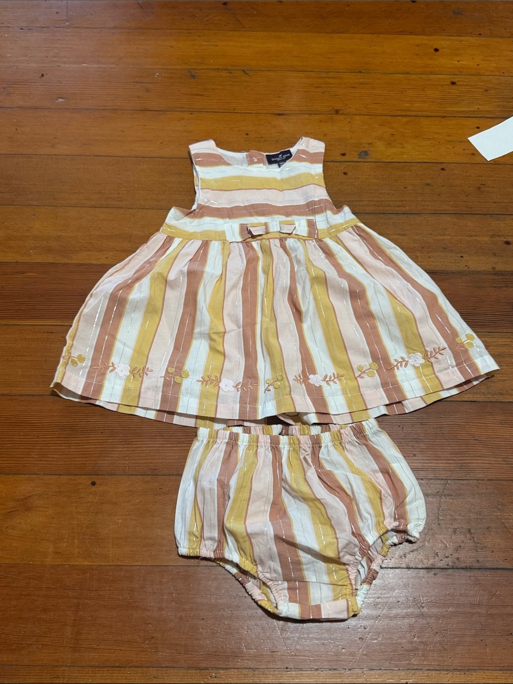 Striped Bow Front Dress & Bloomer Set - Pink, Yellow & White